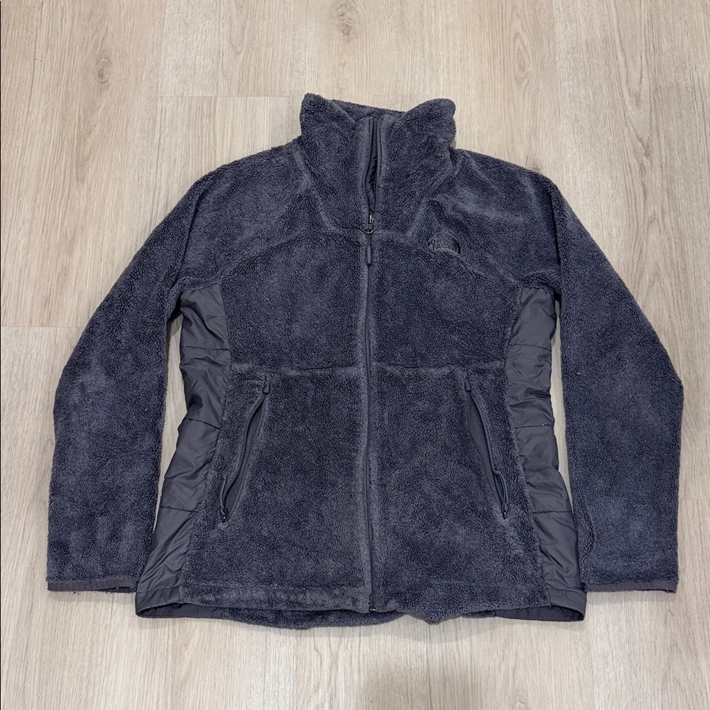 The North Face medium gray sherpa fleece jacket with embroidered logo